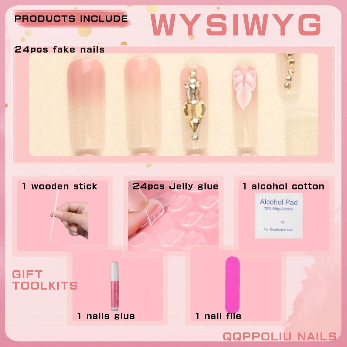 Press on Nails,Long Press on Nails Square,Long Nails,Long Fake Nails,Long Nails Press On,For Prom/Party/Holiday,Gift for Women (Khaki,With Flower and Rhinestones Design)