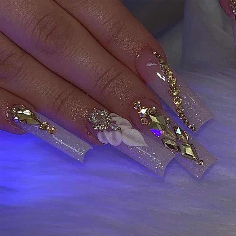 Press on Nails,Long Press on Nails Square,Long Nails,Long Fake Nails,Long Nails Press On,For Prom/Party/Holiday,Gift for Women (Khaki,With Flower and Rhinestones Design)
