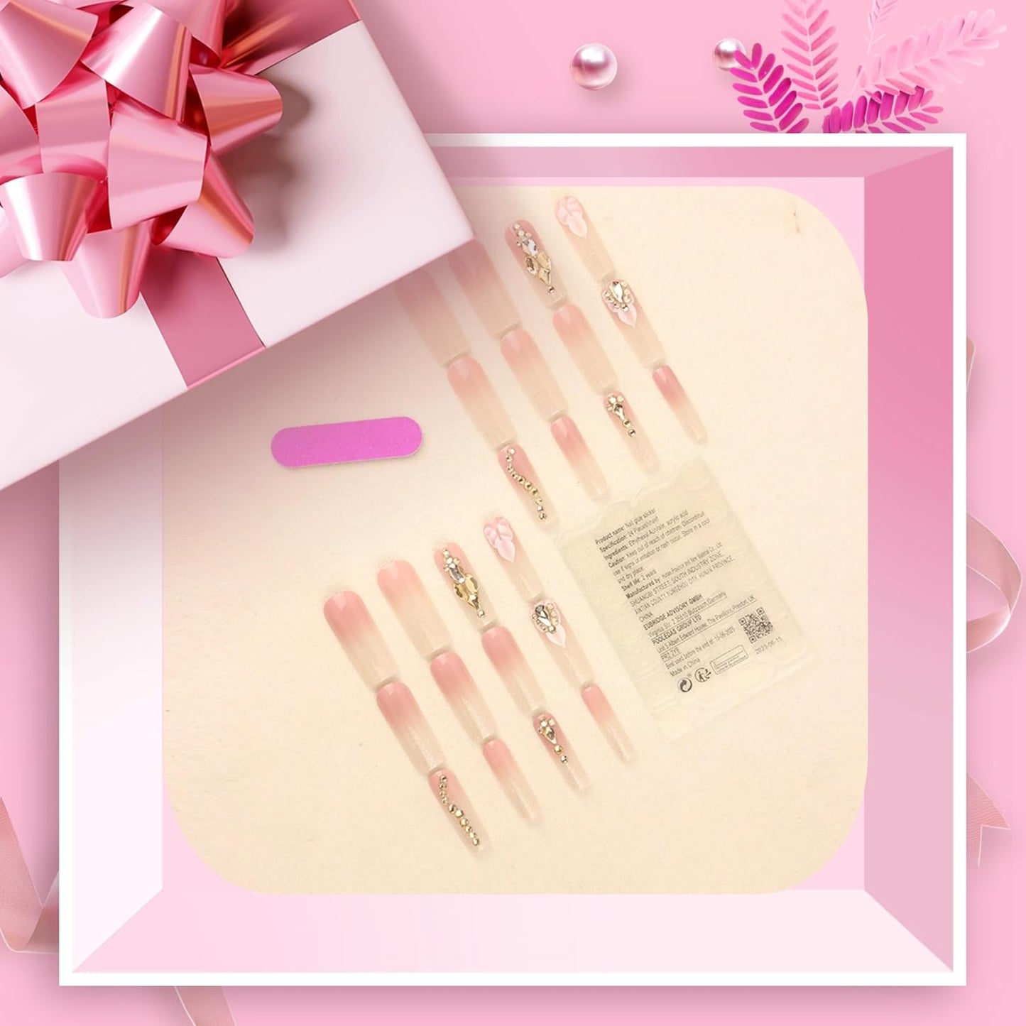 Press on Nails,Long Press on Nails Square,Long Nails,Long Fake Nails,Long Nails Press On,For Prom/Party/Holiday,Gift for Women (Khaki,With Flower and Rhinestones Design)