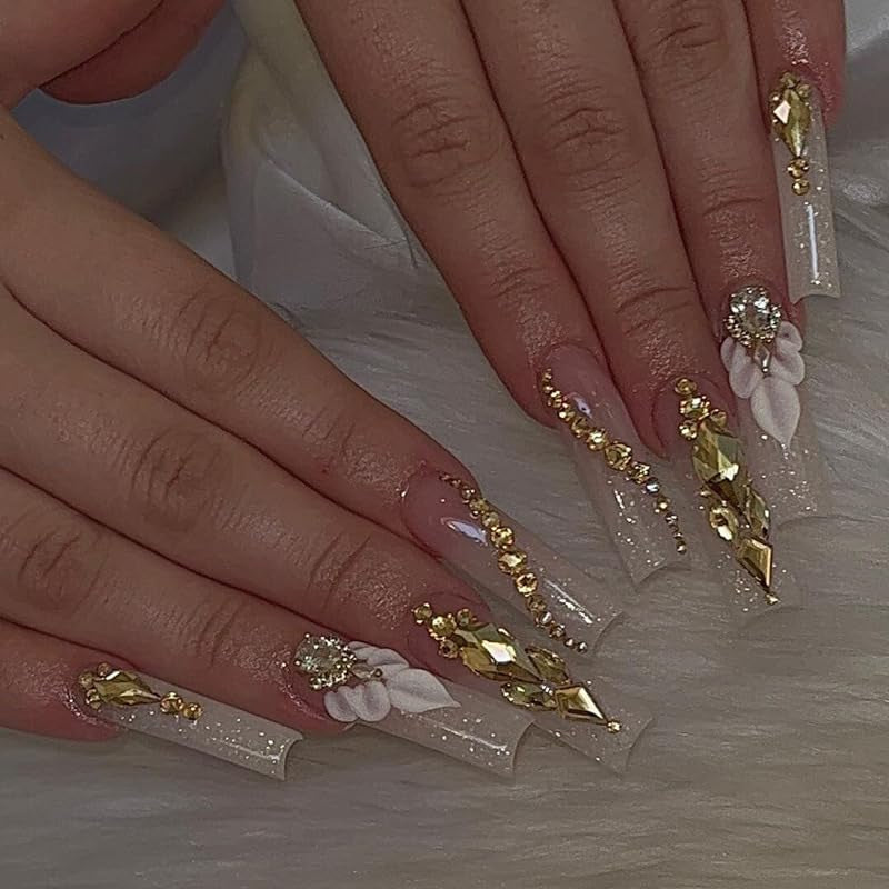 Press on Nails,Long Press on Nails Square,Long Nails,Long Fake Nails,Long Nails Press On,For Prom/Party/Holiday,Gift for Women (Khaki,With Flower and Rhinestones Design)