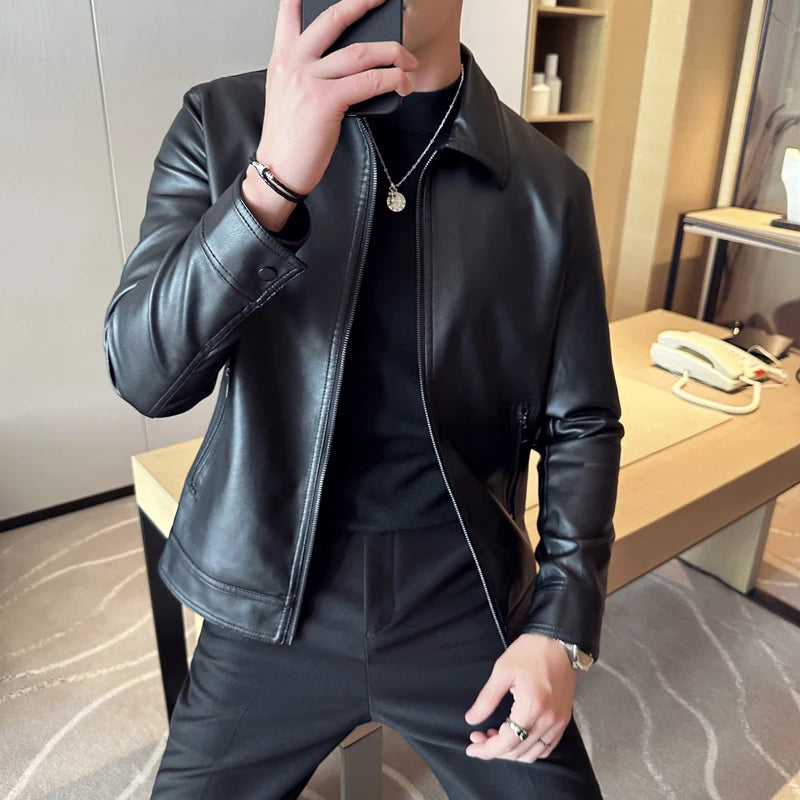 Men's Fashion Windproof Motorcycle Leather Coat PU Leather Stand Collar Zipper Cardigan Leather Jacket Business Leather Jackets