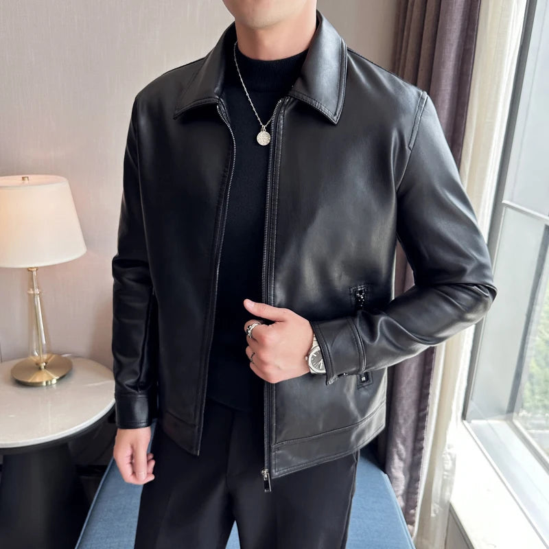 Men's Fashion Windproof Motorcycle Leather Coat PU Leather Stand Collar Zipper Cardigan Leather Jacket Business Leather Jackets