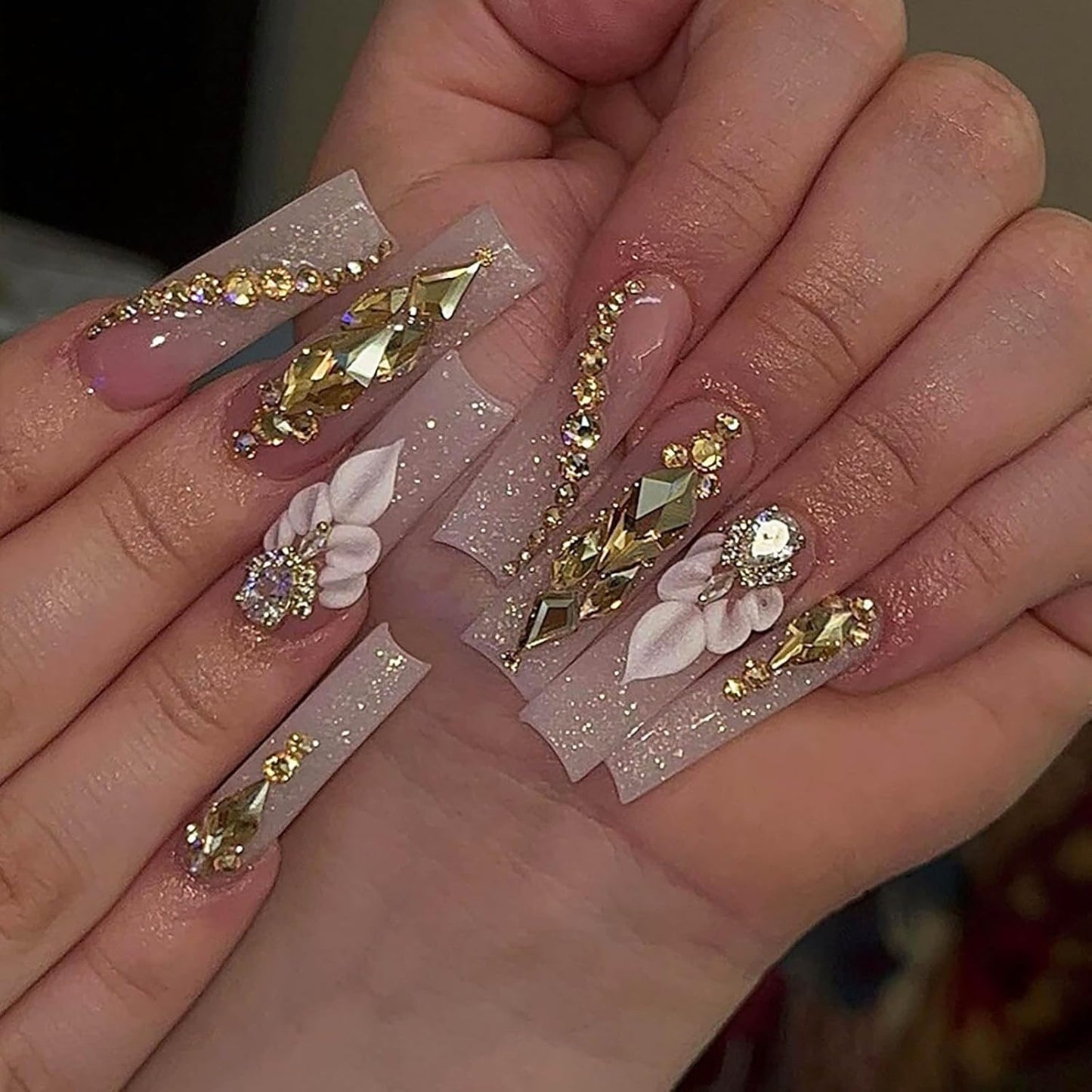 Press on Nails,Long Press on Nails Square,Long Nails,Long Fake Nails,Long Nails Press On,For Prom/Party/Holiday,Gift for Women (Khaki,With Flower and Rhinestones Design)