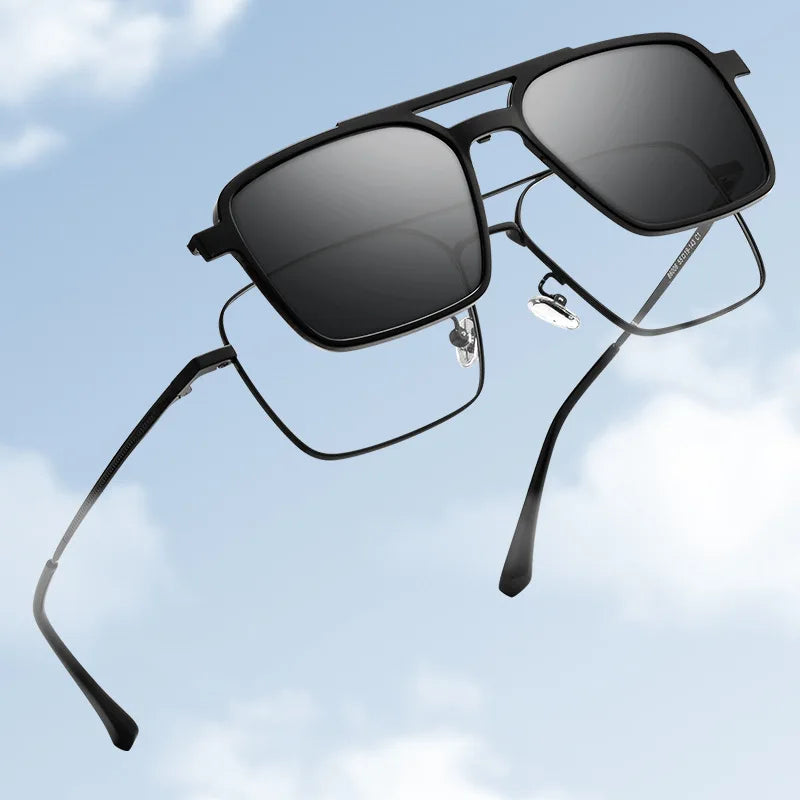 Men Classic Polarized Clip On Sunglasses Pilot Double Beam Titanium Alloy Glasses Frame Optical Retro Sunshades Eyewear