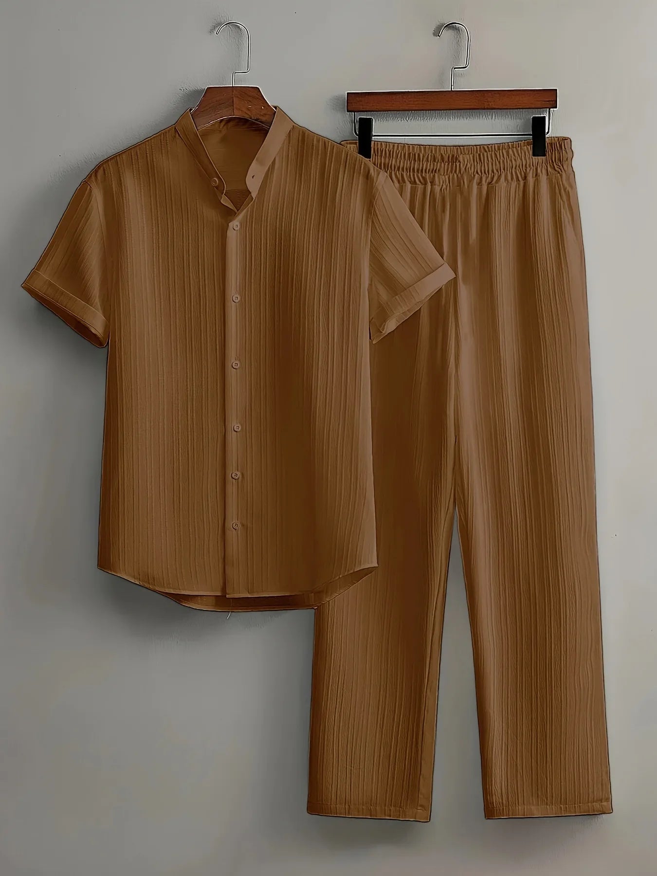 Men's Striped Short-sleeved Shirt and Breasted Lapel Suit Men's Fashion Trendy Style Mens Casual Waffle Shirt Suit