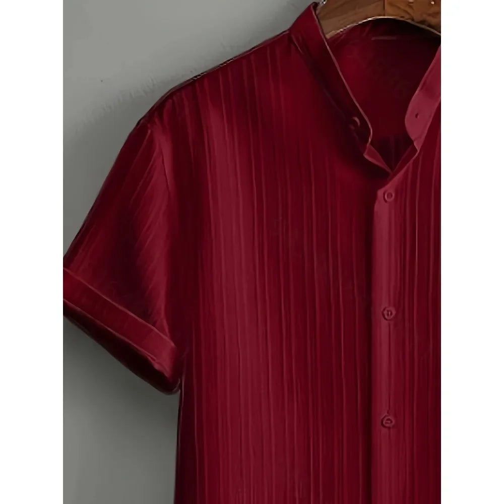 Men's Striped Short-sleeved Shirt and Breasted Lapel Suit Men's Fashion Trendy Style Mens Casual Waffle Shirt Suit
