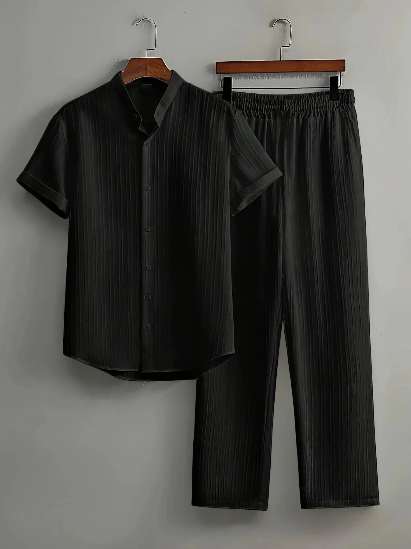 Men's Striped Short-sleeved Shirt and Breasted Lapel Suit Men's Fashion Trendy Style Mens Casual Waffle Shirt Suit