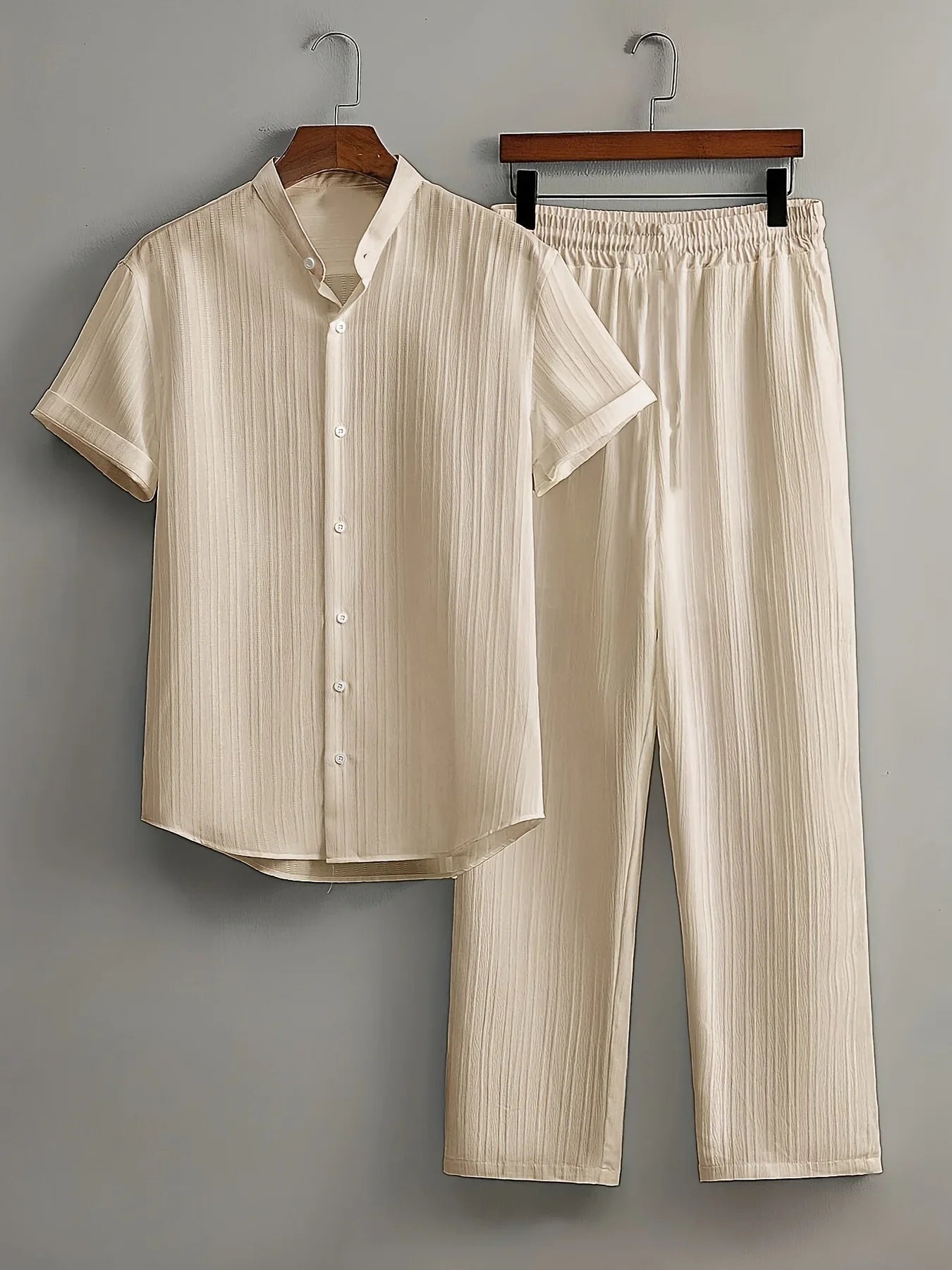 Men's Striped Short-sleeved Shirt and Breasted Lapel Suit Men's Fashion Trendy Style Mens Casual Waffle Shirt Suit