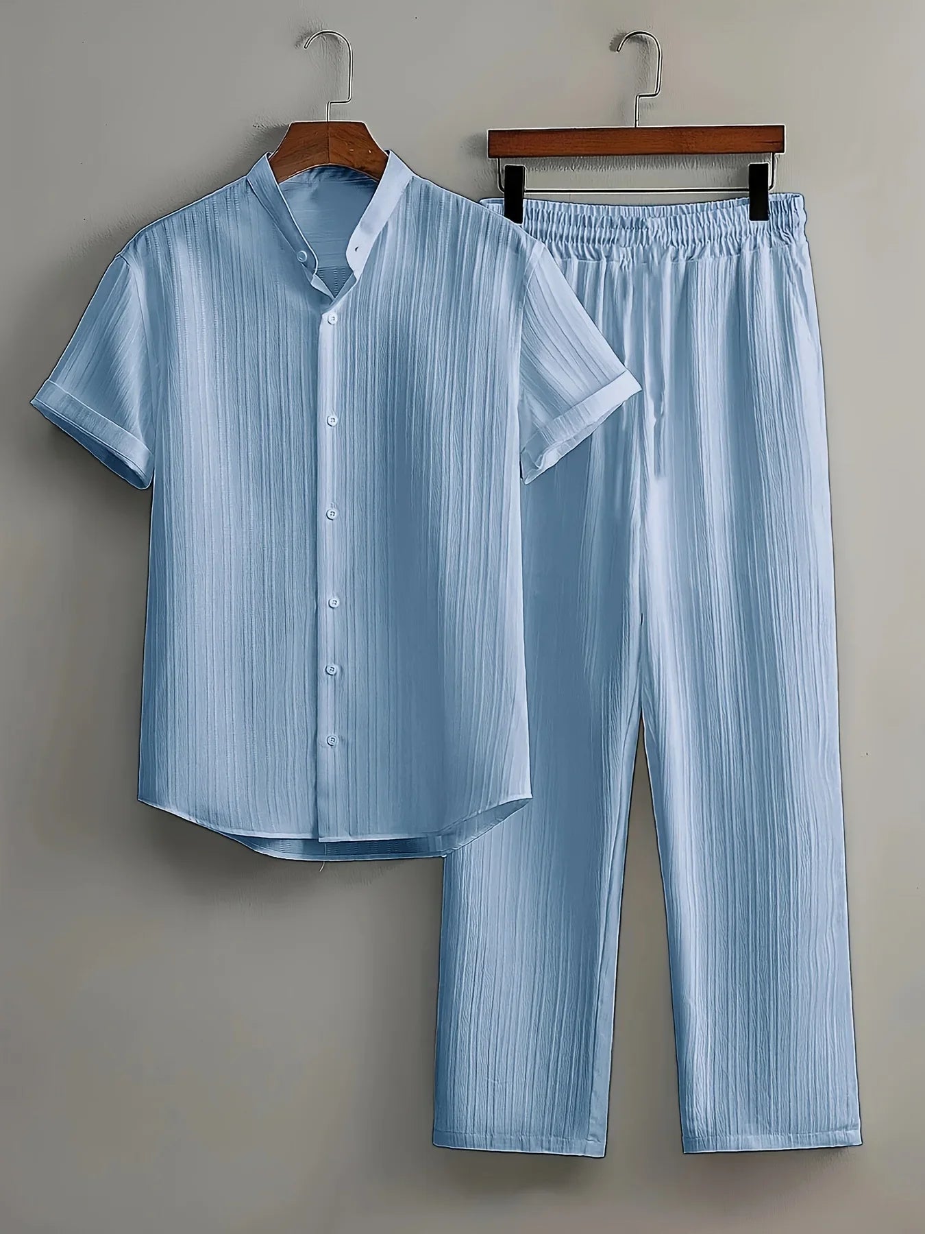 Men's Striped Short-sleeved Shirt and Breasted Lapel Suit Men's Fashion Trendy Style Mens Casual Waffle Shirt Suit