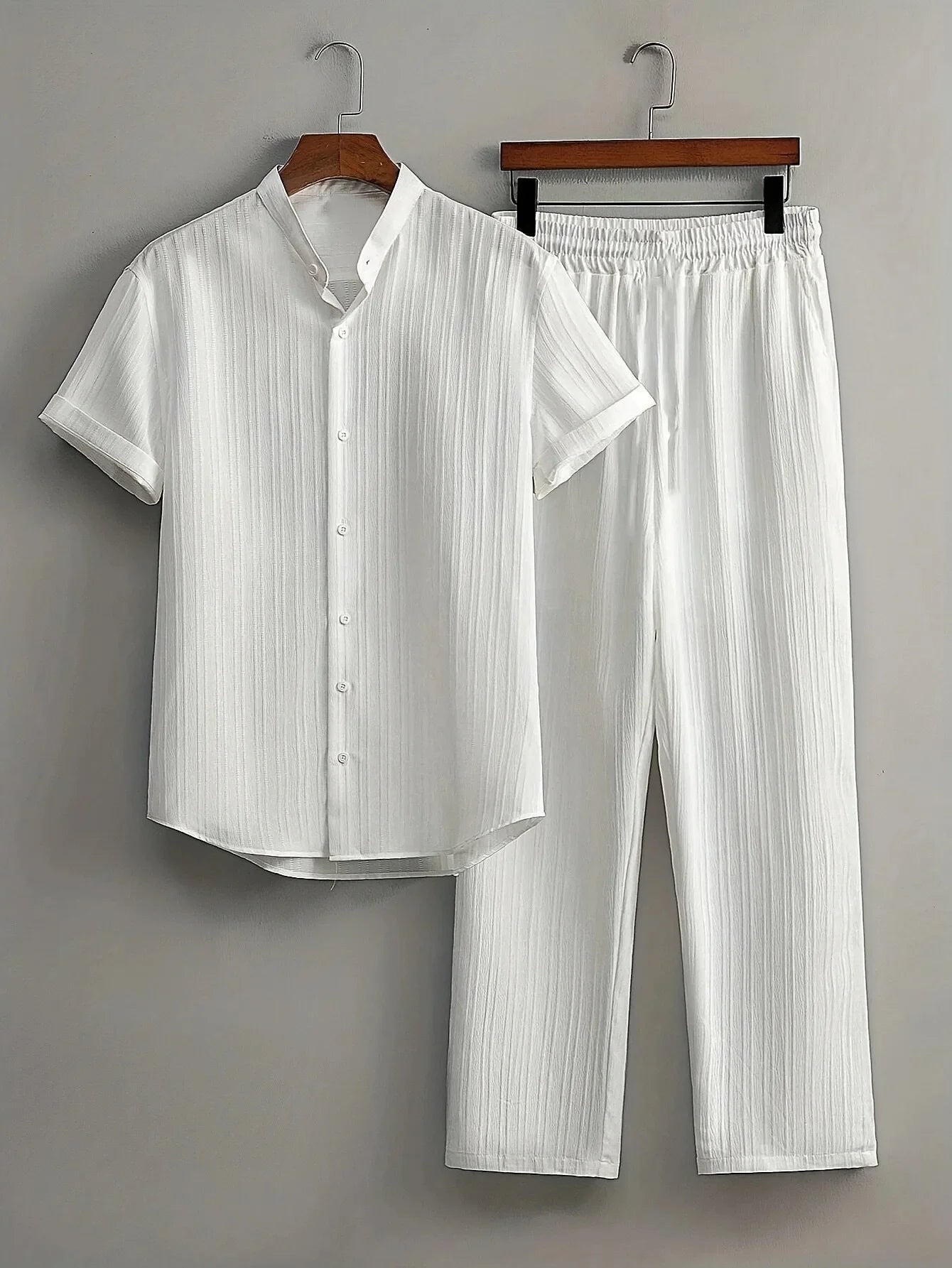 Men's Striped Short-sleeved Shirt and Breasted Lapel Suit Men's Fashion Trendy Style Mens Casual Waffle Shirt Suit