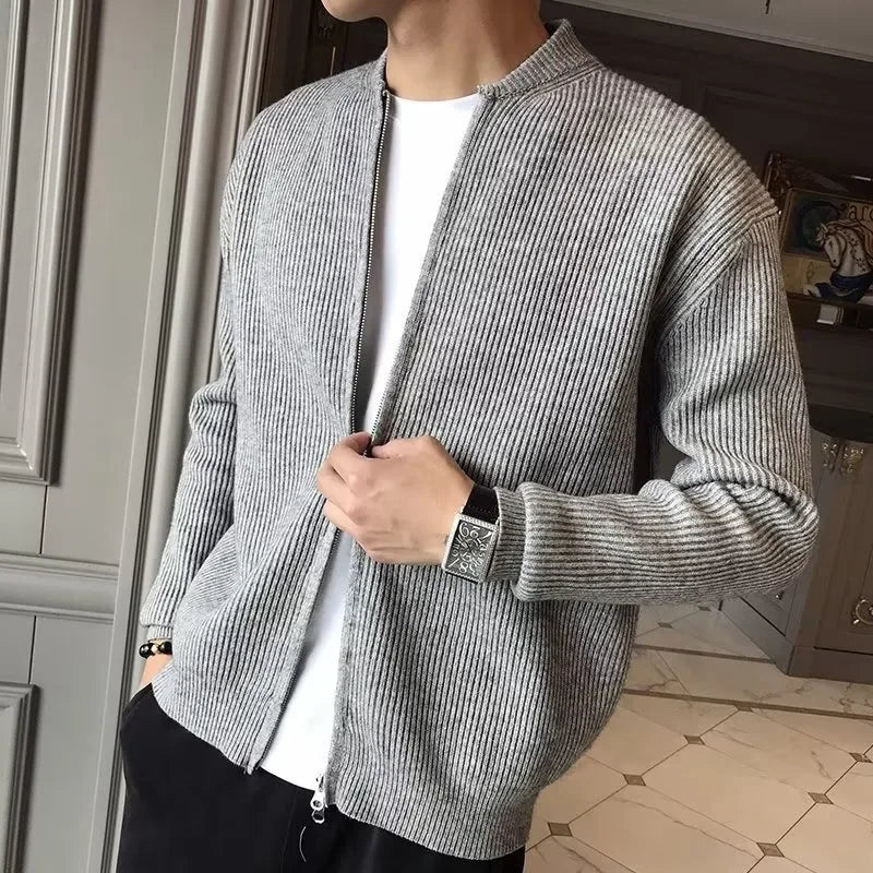 2025 Autumn New Men's Stand Collar Sweater Casual Trendy Knitted Cardigan Jacket Wholesale Outerwear Crew Neck Pullover