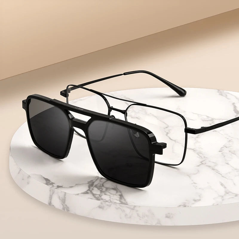 Men Classic Polarized Clip On Sunglasses Pilot Double Beam Titanium Alloy Glasses Frame Optical Retro Sunshades Eyewear