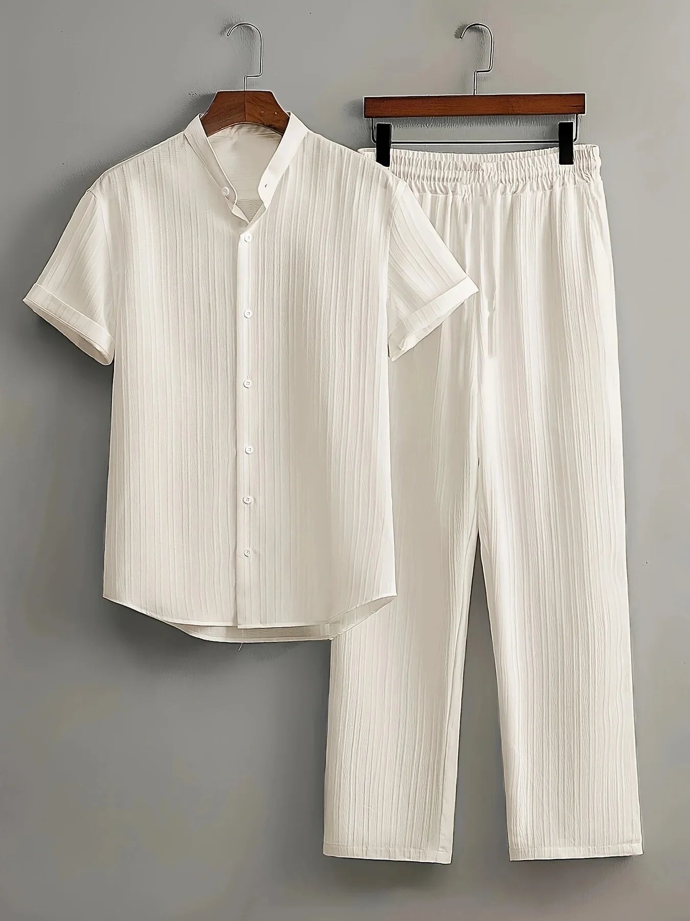 Men's Striped Short-sleeved Shirt and Breasted Lapel Suit Men's Fashion Trendy Style Mens Casual Waffle Shirt Suit