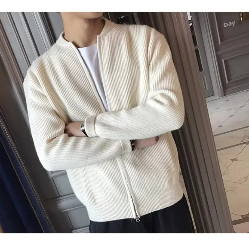 2025 Autumn New Men's Stand Collar Sweater Casual Trendy Knitted Cardigan Jacket Wholesale Outerwear Crew Neck Pullover