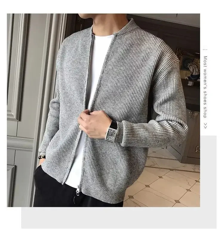 2025 Autumn New Men's Stand Collar Sweater Casual Trendy Knitted Cardigan Jacket Wholesale Outerwear Crew Neck Pullover